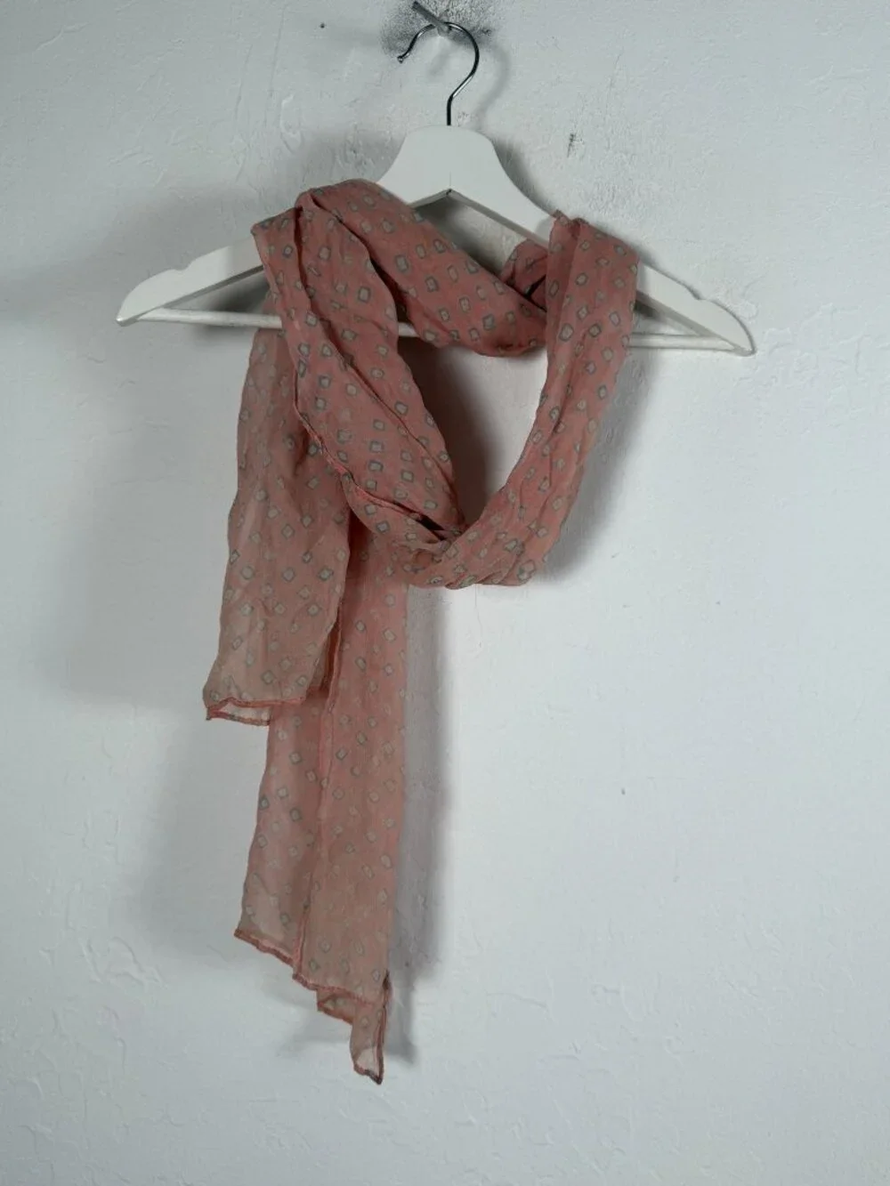Silk Scarf Dusty Pink Blue Geometric Print Sheer 68x18 Lightweight Shawl Wrap
